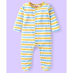 Babyhug Cotton Knit Full Sleeves Sleep Suits Striped & Bear Print Pack of 2 - Yellow & Blue