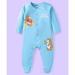 Babyhug Cotton Knit Full Sleeves Sleep Suits Striped & Bear Print Pack of 2 - Yellow & Blue