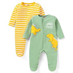 Babyhug Cotton Knit Full Sleeves Striped & Dino Printed Sleep Suits Pack of 2 - Yellow & Green