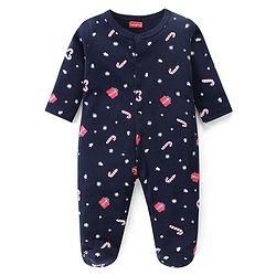 Babyhug Cotton Knit Full Sleeves Sleep Suits With Stripes & Santa Claus Print Pack Of 3 - Red Navy & Light Grey