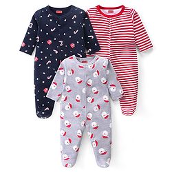 Babyhug Cotton Knit Full Sleeves Sleep Suits With Stripes & Santa Claus Print Pack Of 3 - Red Navy & Light Grey