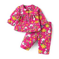 Babyhug Cotton Knit Full Sleeves Peter Pan Collared Night Suit With Floral Print - Dark Pink