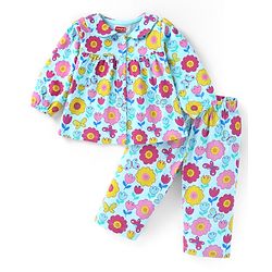 Babyhug Cotton Knit Full Sleeves Front Open Night Suit with Peter Pan Collar & Floral Print - Sky Blue