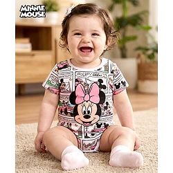 Babyhug Disney 100% Cotton Knit Half Sleeves Onesie with Minnie Mouse Print - White