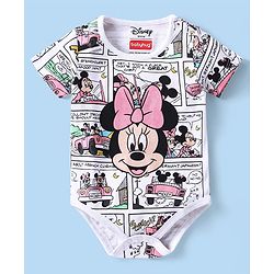 Babyhug Disney 100% Cotton Knit Half Sleeves Onesie with Minnie Mouse Print - White