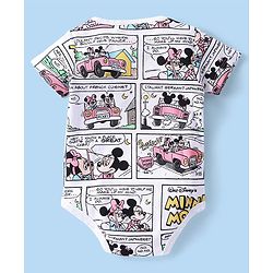 Babyhug Disney 100% Cotton Knit Half Sleeves Onesie with Minnie Mouse Print - White
