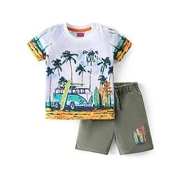 Babyhug Cotton Knit Half Sleeves T-Shirt & Shorts Set With Beach Theme Print - White & Green