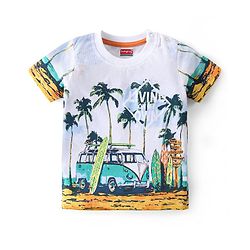 Babyhug Cotton Knit Half Sleeves T-Shirt & Shorts Set With Beach Theme Print - White & Green
