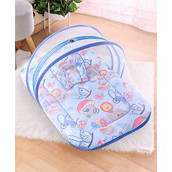 Babyhug 100% Cotton Mattress Set with Mosquito Net & Mushroom Print - Blue