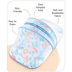 Babyhug 100% Cotton Mattress Set with Mosquito Net & Mushroom Print - Blue