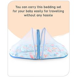 Babyhug 100% Cotton Mattress Set with Mosquito Net & Mushroom Print - Blue