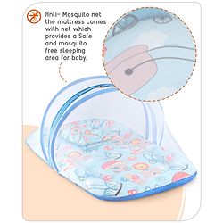 Babyhug 100% Cotton Mattress Set with Mosquito Net & Mushroom Print - Blue