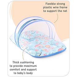 Babyhug 100% Cotton Mattress Set with Mosquito Net & Mushroom Print - Blue