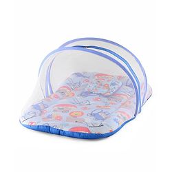 Babyhug 100% Cotton Mattress Set with Mosquito Net & Mushroom Print - Blue