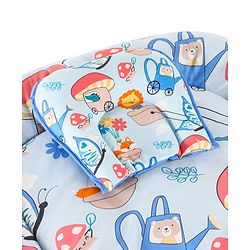 Babyhug 100% Cotton Mattress Set with Mosquito Net & Mushroom Print - Blue