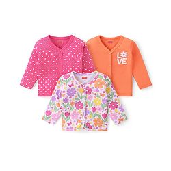Babyhug 100% Interlock Cotton Knit Full Sleeves Front Open Antibacterial Vests with Polka Dot & Floral Print Pack of 3 - Orange Pink & White