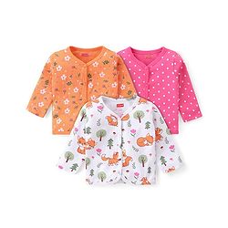 Babyhug 100% Interlock Cotton Knit Full Sleeves Front Open Antibacterial Vests with Polka Dot & Floral Print Pack of 3 - Orange Pink & White