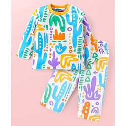 Babyhug Cotton Knit Full Sleeves Printed Night Suit - White