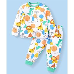 Babyhug Cotton Knit Full Sleeves Animal Printed Night Suit - White