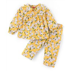 Babyhug Cotton Knit Full Sleeves Peter Pan Collared Night Suit With Floral Print - Mustard
