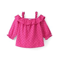 Babyhug Rayon Knit Cold Shoulder  Full Sleeves Schifli Top with  Detailing Top - Pink