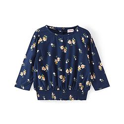 Babyhug Rayon Knit Full Sleeves Top with Elasticated Bottom & Floral Print - Navy Blue