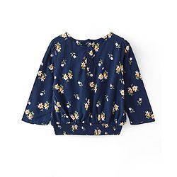 Babyhug Rayon Knit Full Sleeves Top with Elasticated Bottom & Floral Print - Navy Blue