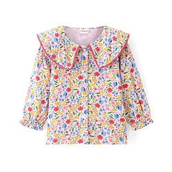 Babyhug Full Sleeves Front Open Peter Pan Collar Top with Floral Print- White