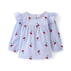 Babyhug Full Peasant Sleeves Striped Top with Cherry Embroidery - Blue