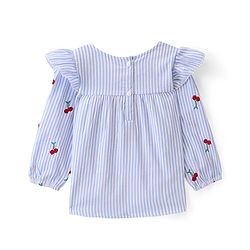 Babyhug Full Peasant Sleeves Striped Top with Cherry Embroidery - Blue