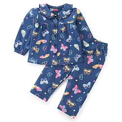 Babyhug Cotton Knit Full Sleeves Front Open Night Suit with Peter Pan Collar & Butterfly Print - Navy Blue
