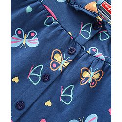 Babyhug Cotton Knit Full Sleeves Front Open Night Suit with Peter Pan Collar & Butterfly Print - Navy Blue