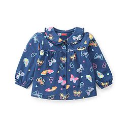 Babyhug Cotton Knit Full Sleeves Front Open Night Suit with Peter Pan Collar & Butterfly Print - Navy Blue