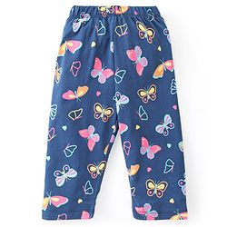 Babyhug Cotton Knit Full Sleeves Front Open Night Suit with Peter Pan Collar & Butterfly Print - Navy Blue