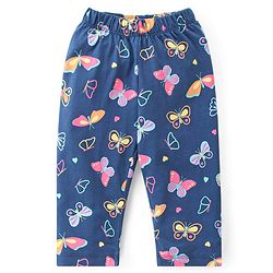Babyhug Cotton Knit Full Sleeves Front Open Night Suit with Peter Pan Collar & Butterfly Print - Navy Blue