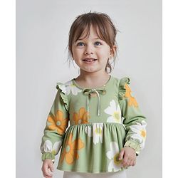 Babyhug Woven Full Peasant Sleeves Top With Floral Print - Green