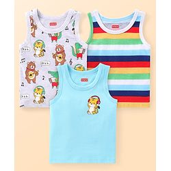 Babyhug 100% Cotton Sleeveless Antibacterial Sandos Striped & Cub Print Pack of 3 - White & Blue