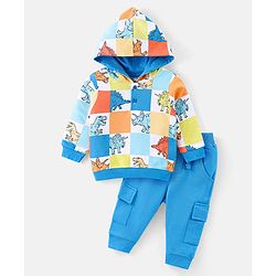 Babyhug Cotton Knit Full Sleeves Hooded T-Shirt & Lounge Pants Set With Dino Print - Blue