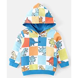 Babyhug Cotton Knit Full Sleeves Hooded T-Shirt & Lounge Pants Set With Dino Print - Blue