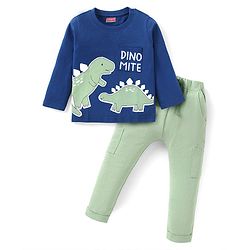 Babyhug Terry Knit Full Sleeves T-Shirt & Lounge Pants Set With Dino Applique - Blue & Green