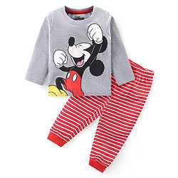 Babyhug Disney Cotton Knit Full Sleeves Night Suit With Mickey Mouse Graphics - Grey & Red