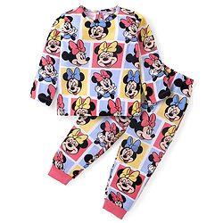 Babyhug Disney Cotton Knit Full Sleeves Night Suit With Minnie Mouse Print - White