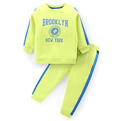 Babyhug Cotton Knit Full Sleeves T-Shirt & Lounge Pants Set With Text Print - Lime