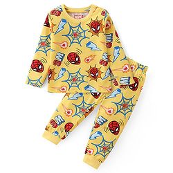 Babyhug Marvel Single Jersey Knit Full Sleeves Night Suit With Spider Man Print - Yellow