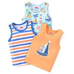 Babyhug 100% Cotton Sleeveless Antibacterial Vests Striped & Boat Print  Pack of 3 - Orange & Navy Blue