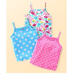 Babyhug 100% Cotton Knit Singlet Sleeves Antibacterial Slips With Polka Dots & Floral Print Pack of 3 - Blue & Pink