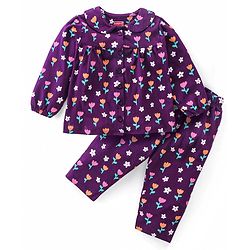 Babyhug Cotton Knit Full Sleeves Front Open Night Suit with Peter Pan Collar & Floral Print - Wine
