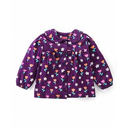 Babyhug Cotton Knit Full Sleeves Front Open Night Suit with Peter Pan Collar & Floral Print - Wine