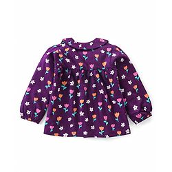 Babyhug Cotton Knit Full Sleeves Front Open Night Suit with Peter Pan Collar & Floral Print - Wine