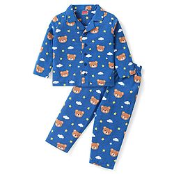 Babyhug Cotton Knit Full Sleeves Night Suit With Bear Print - Blue